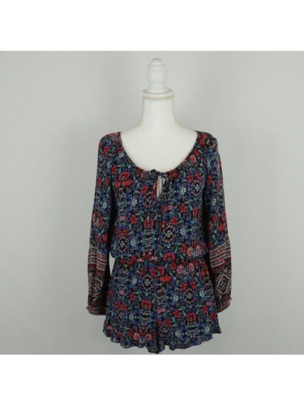 American Eagle Outfitters Women's Small Blue Red Floral Long Sleeve Romper